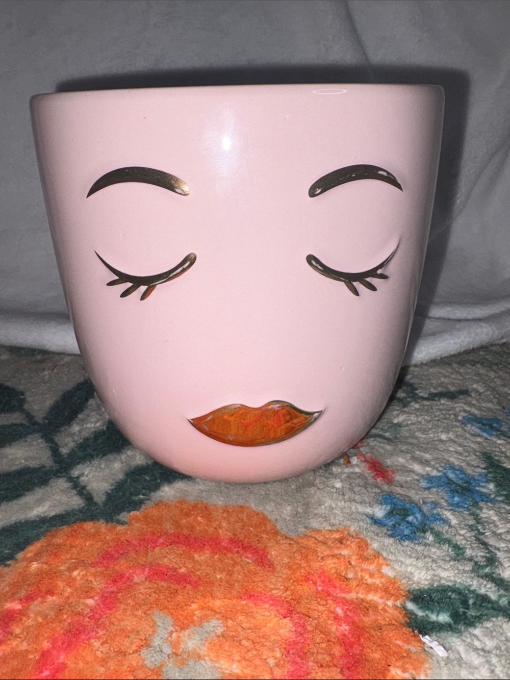 Pink Ceramic Face Planter with Gold Accents
